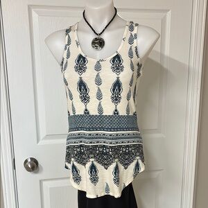 Le Chateau Top, Cream with Teal Green & Black Print, Sleeveless Tank Top; Sz: XS